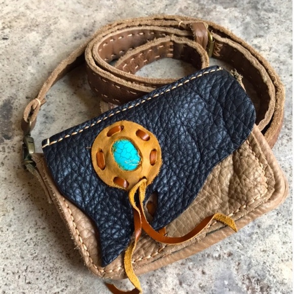 ATLAS GOODS Handmade Brown Leather Crossbody Southwest w Turquoise Purse Bag - Picture 2 of 11